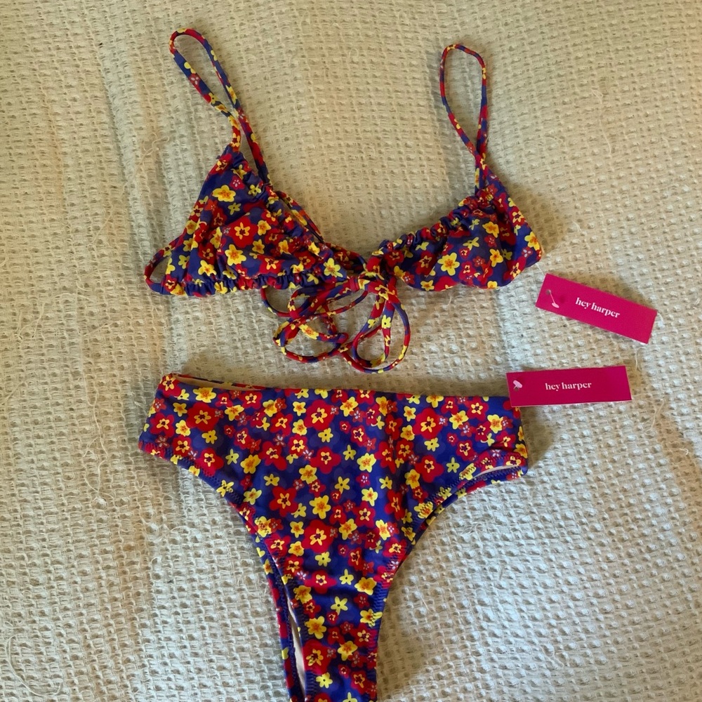 Hey Harper x Free People Red Floral Retro Triangle String Tie Bikini Set NWT
